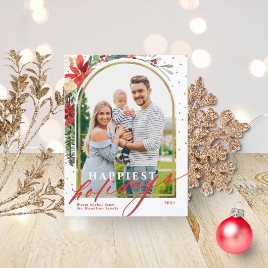 幸せなホリデーズファミリーフォトアーチクリスマスカード シーズンポストカード