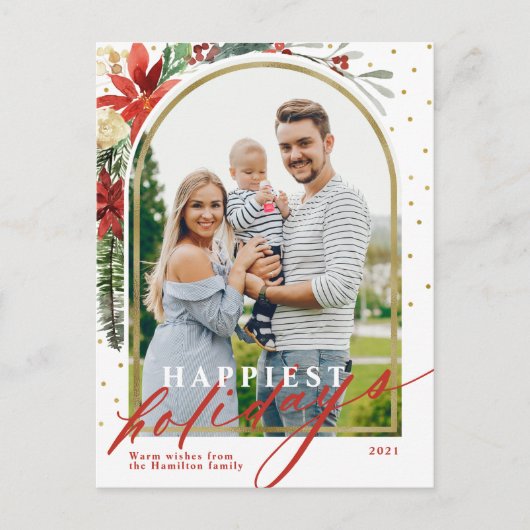 幸せなホリデーズファミリーフォトアーチクリスマスカード シーズンポストカード (正面)