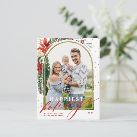 幸せなホリデーズファミリーフォトアーチクリスマスカード シーズンポストカード (スタンド正面)