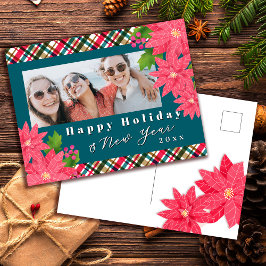 幸せなホリデー新年ポインセチアの写真ターコイズ シーズンポストカード