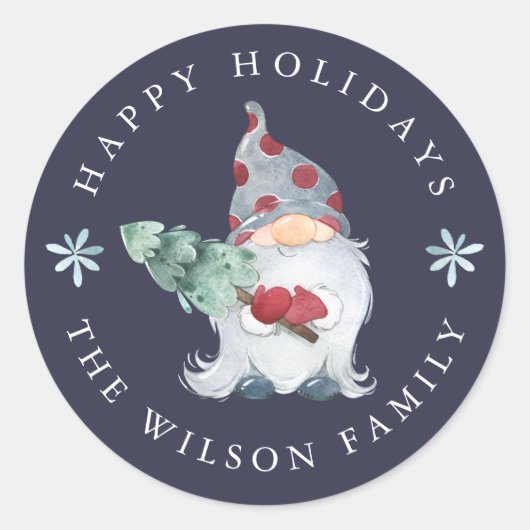 幸せなホリデー・ノームのクリスマスツリー ラウンドシール (正面)