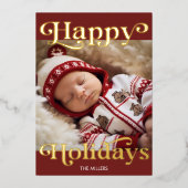 幸せなホリデー ベイビーの初めてのクリスマス 伝統的 箔シーズンカード (正面)