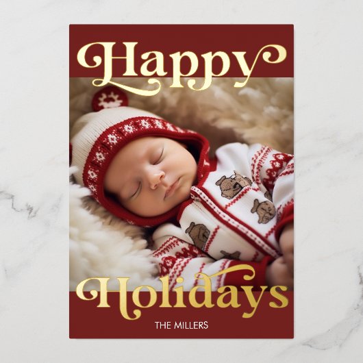 幸せなホリデー ベイビーの初めてのクリスマス 伝統的 箔シーズンカード (正面)