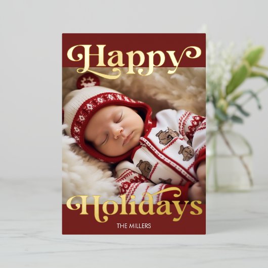幸せなホリデー ベイビーの初めてのクリスマス 伝統的 箔シーズンカード (立ち正面)