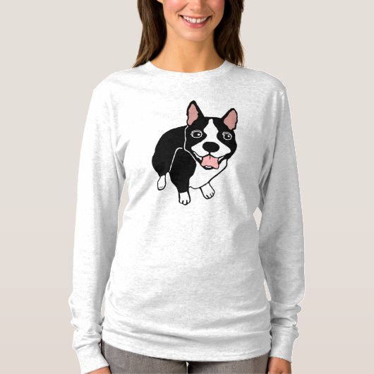 幸せなボストンテリアの女性の長袖のTシャツ Tシャツ (正面)