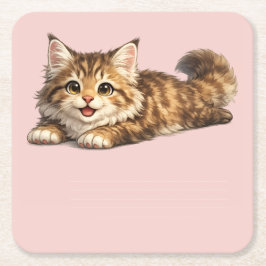 幸せなメインクーンの猫の温かみのあるポジティブなビジュアルデザイン スクエアペーパーコースター