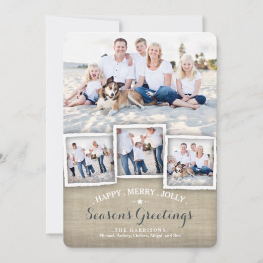 幸せなメリーで素朴なバーラップの写真の季節の挨拶 シーズンカード (正面)