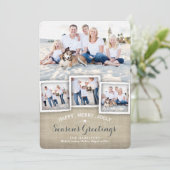 幸せなメリーで素朴なバーラップの写真の季節の挨拶 シーズンカード (スタンド正面)