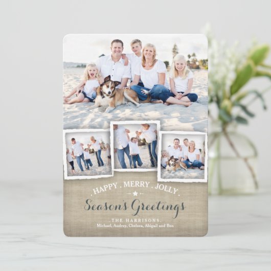 幸せなメリーで素朴なバーラップの写真の季節の挨拶 シーズンカード (スタンド正面)