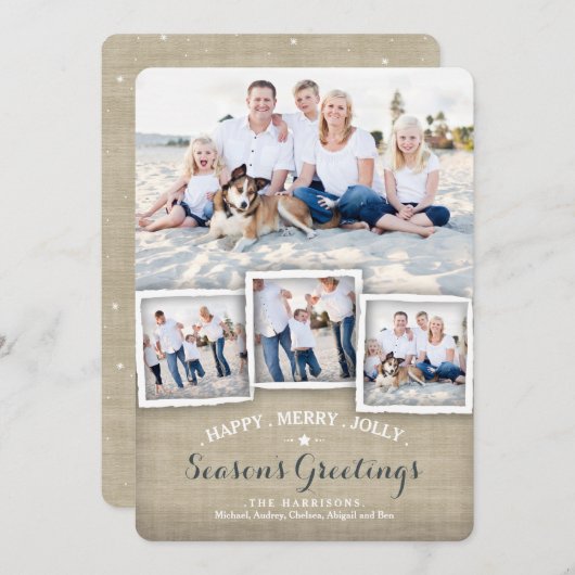 幸せなメリーで素朴なバーラップの写真の季節の挨拶 シーズンカード (正面/裏面)