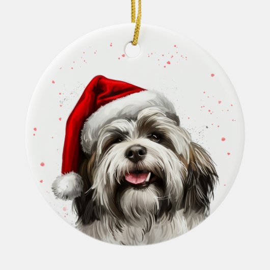 幸せなラサ・アプソの犬のクリスマス - 名前入り セラミックオーナメント (正面)