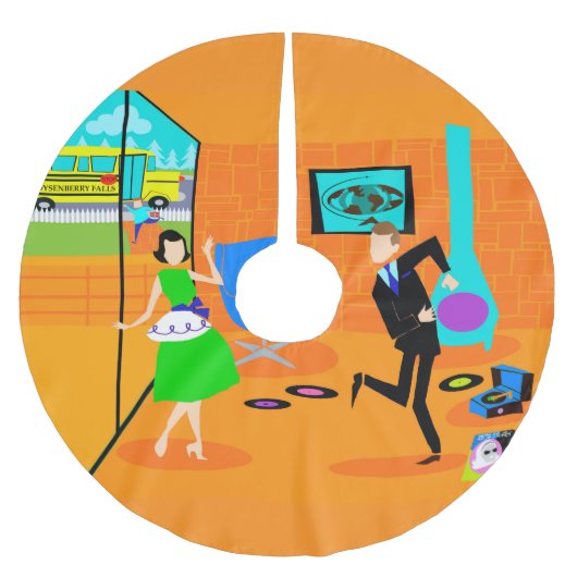 幸せなレトロはクリスマスツリーのスカートを育てます ブラッシュドポリエステルツリースカート (正面)