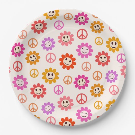 幸せなレトロ笑顔の花と平和のサイン ペーパープレート (正面)