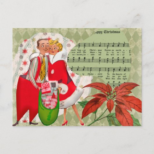 幸せなレトロ1950年代のクリスマスのカップル シーズンポストカード (正面)
