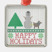 幸せな休日のおもしろい犬の小便をする雪だるまのクリスマス メタルオーナメント (正面)