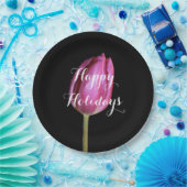 幸せな休日のピンクのチューリップの花の花柄の黒 ペーパープレート (パーティー)