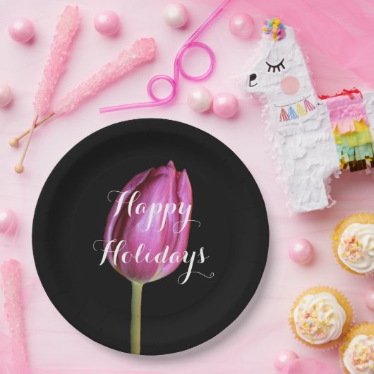 幸せな休日のピンクのチューリップの花の花柄の黒 ペーパープレート (パーティー)