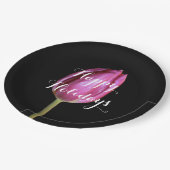 幸せな休日のピンクのチューリップの花の花柄の黒 ペーパープレート (アングル)