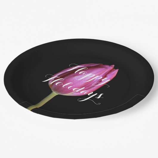幸せな休日のピンクのチューリップの花の花柄の黒 ペーパープレート (アングル)