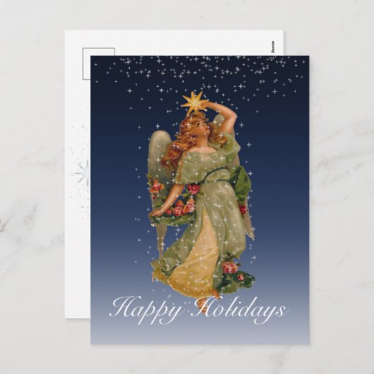 幸せな休日のヴィンテージの天使は夜空を主演します シーズンポストカード (正面/裏面)