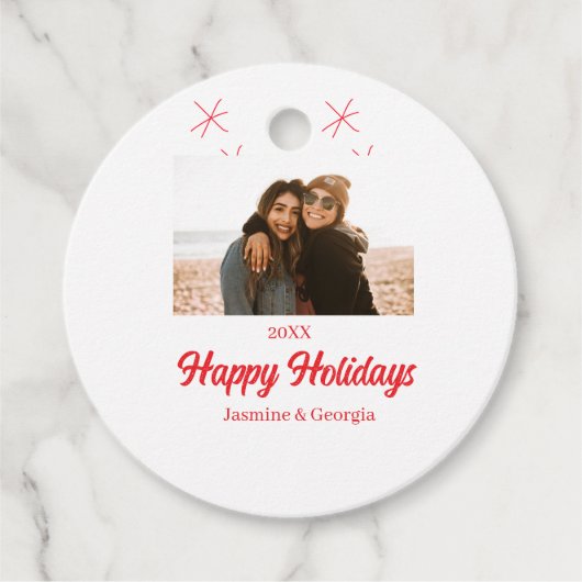 幸せな休日の女の子の家族の写真ギフトクリスマス フェイバータグ (正面)