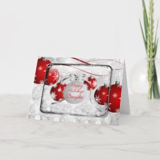 幸せな休日の娘の光っている赤いオーナメント シーズンカード