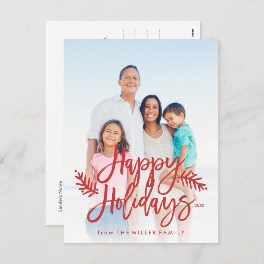 幸せな休日の完全な写真シックな手の教養がある赤 シーズンポストカード (正面/裏面)