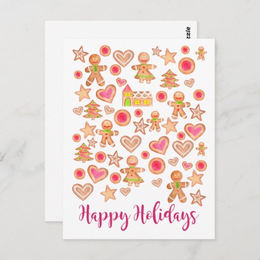 幸せな休日の水彩画のジンジャーブレッドのクッキー ポストカード (正面/裏面)