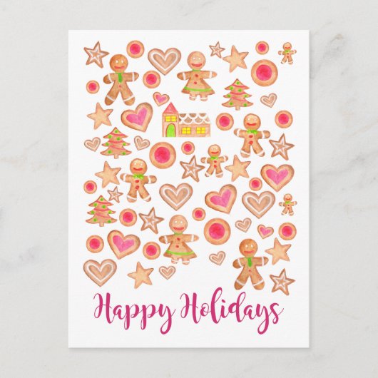 幸せな休日の水彩画のジンジャーブレッドのクッキー ポストカード (正面)
