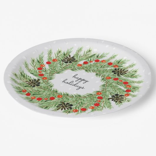 幸せな休日の水彩画のマツ円錐形のリース ペーパープレート (アングル)