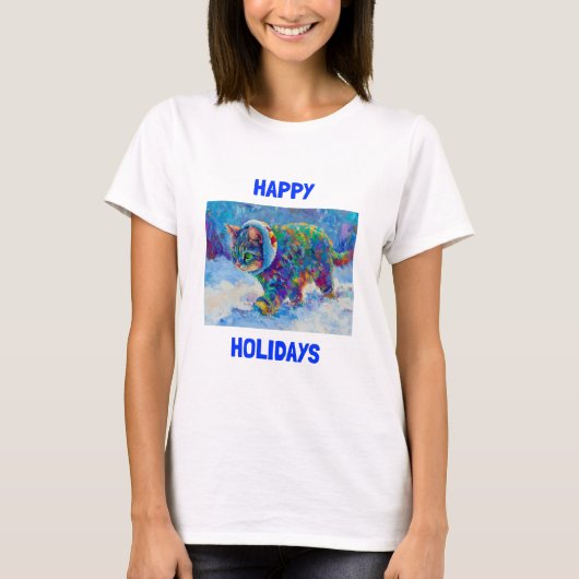幸せな休日の猫のお祝いTシャツ Tシャツ (正面)
