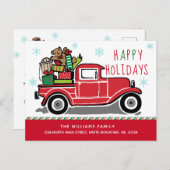 幸せな休日の赤いヴィンテージのトラック移動 案内ポストカード (正面/裏面)