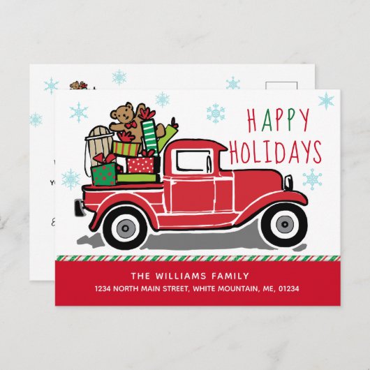 幸せな休日の赤いヴィンテージのトラック移動 案内ポストカード (正面/裏面)