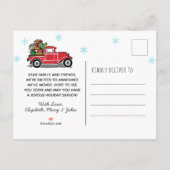 幸せな休日の赤いヴィンテージのトラック移動 案内ポストカード (裏面)