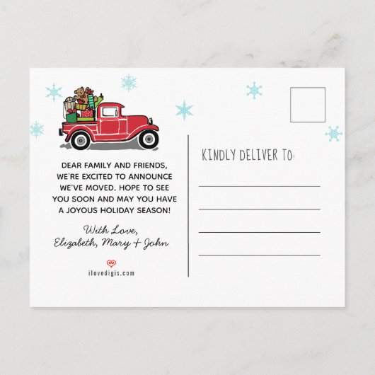 幸せな休日の赤いヴィンテージのトラック移動 案内ポストカード (裏面)