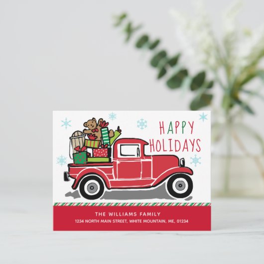 幸せな休日の赤いヴィンテージのトラック移動 案内ポストカード (スタンド正面)