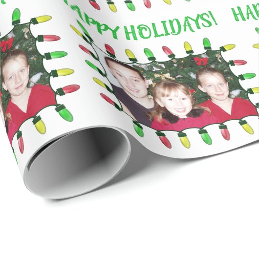 幸せな休日はあなたの写真のクリスマスの照明を加えます ラッピングペーパー (ロールコーナー)