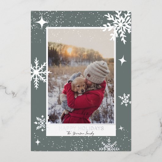 幸せな休日は雪の青の写真を星 箔シーズンカード (正面)