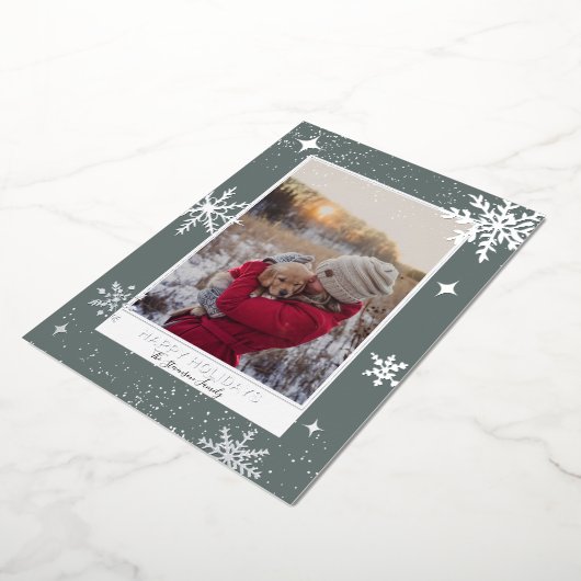 幸せな休日は雪の青の写真を星 箔シーズンカード (回転した状態)