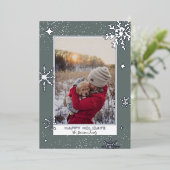 幸せな休日は雪の青の写真を星 箔シーズンカード (立ち正面)