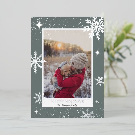 幸せな休日は雪の青の写真を星 箔シーズンカード (立ち正面)