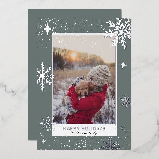 幸せな休日は雪の青の写真を星 箔シーズンカード (正面/裏面)