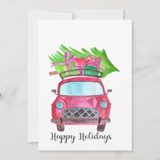 幸せな休日クラシックな車の水彩画 招待状 (正面)