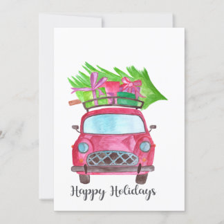 幸せな休日クラシックな車の水彩画 招待状