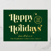 幸せな休日 ビジネス ロゴ グリーン クリスマス ゴールド 箔シーズンカード (正面)