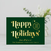 幸せな休日 ビジネス ロゴ グリーン クリスマス ゴールド 箔シーズンカード (立ち正面)
