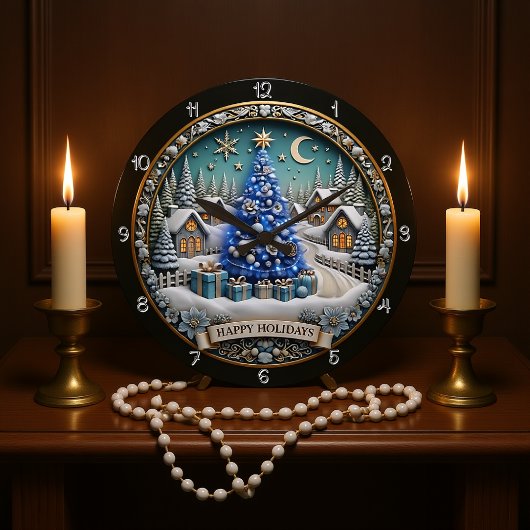 幸せな休日 ブルー クリスマスツリーの村 ラージ壁時計