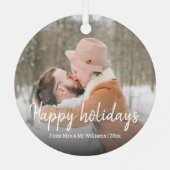 幸せな休日，手書きスタイリッシュnewlyweds写真 メタルオーナメント (裏面)