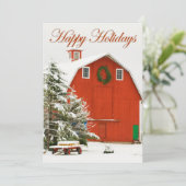 幸せな休日-新しい雪のお祝いの赤い納屋 シーズンカード (スタンド正面)