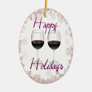 "幸せな休日"赤ワインおよび雪片のプリント セラミックオーナメント